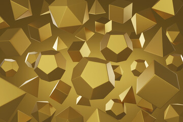 Golden regular polyhedra abstract background. 3d illustration.