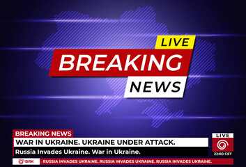 Breaking news live on world map background with Ukraine flag. Background screen saver on breaking news. Vector illustration.