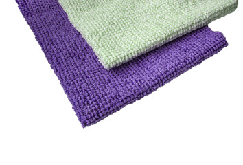 Purple and light green microfiber fabric, highlighted on a white background. New soft microfiber material for cleaning objects and surfaces. Isolated on a white background by clipping