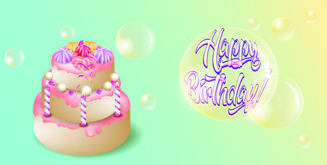 Happy Birthday card in soft colors with cake, bubbles and festive decorations