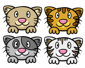 A set of cats that show paws, cats with different spots and colors, cute cat faces