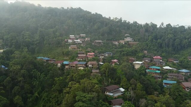 Beautiful aerial view of Doi Sakat in sunny day. Small village in Pua District, Nan province, THAILAND.