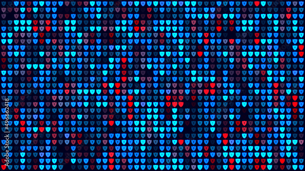 Poster abstract digital technology red and blue shiny fractal transparency shield lock cyber security symbo