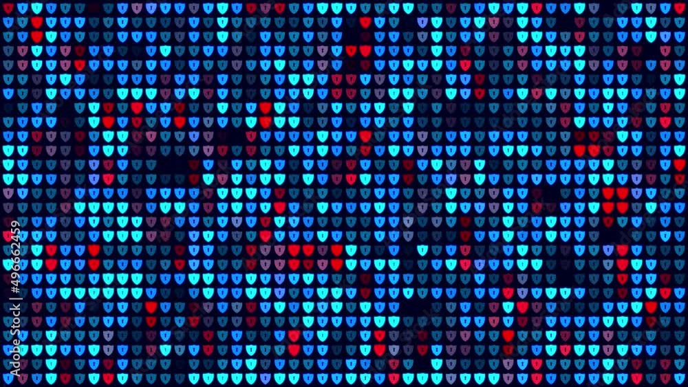 Poster abstract digital technology red and blue shiny fractal transparency flickering shield lock cyber sec