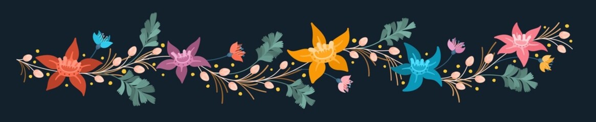 Large floral banner with different bright flowers. Rich flowery meadow. Design elements for decoration. Vector