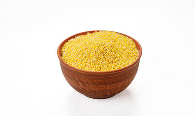 Millet polished in bowls and bags isolated on a white background. High quality photo