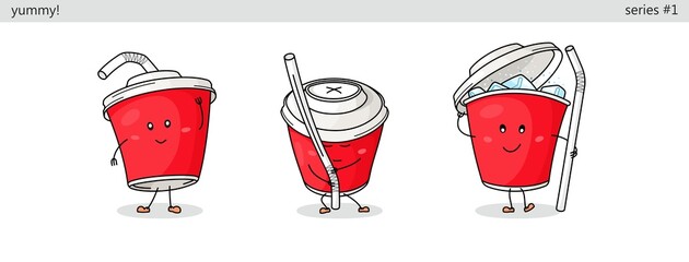Cup with soda and straw. Set of cute kawaii characters. Funny cartoon fast food icons in different situations. Vector comic style illustration