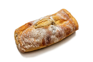 Italian ciabatta with golden crispy crust on a white background