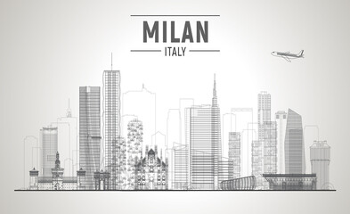 Naklejka premium Milan Italy skyline vector line illustration. Business travel and tourism concept with modern buildings. Image for banner or web site. 