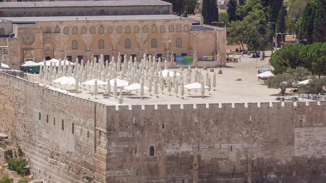 Aerial view of the old city and al-aqsa mosque timelapse from the Mount of Olives. Jerusalem, Holy Land