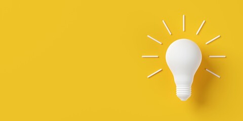 Single white light bulb over yellow background with rays, energy, idea or innovation concept