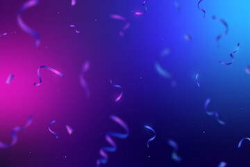 Abstract gradient banner with blurred confetti. Fluid neon wallpaper. Vector futuristic background. Ribbons motion blur effect.