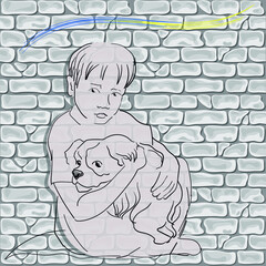 frightened child rescues a dog in a bomb shelter against a brick wall