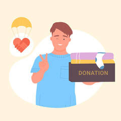 Smiling boy holding a charity donation box. Humanitarian and generous act of giving help to poor people flat vector illustration