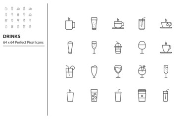 set of drinks line icons, hot drinks, alcohol, glass