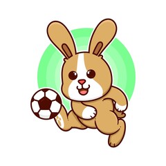 happy rabbit play football soccer adorable cartoon doodle vector illustration flat design style