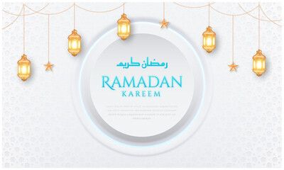 White luxury ramadanbackground with decorative ornament pattern and lanterns Premium Vector	
