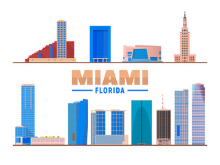 Miami Florida landmarks in white background. Vector Illustration. Business travel and tourism concept with modern buildings. Image for banner or web site.