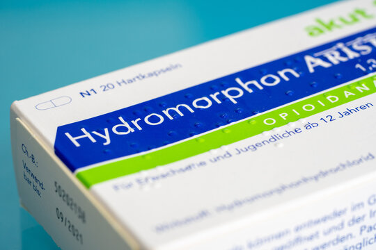 Gera, Germany - MARCH 17, 2022: Packages of Hydromorphone. Hydromorphone opioid pills in cardboard box