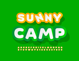 Vectors travel poster Sunny Camp with Yellow and White Font. Sticker set of Alphabet Letters and Numbers