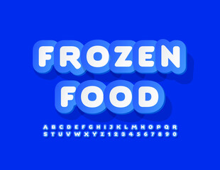 Vector creative banner Frozen Food with blue sticker Font. Bright set of Alphabet Letters and Numbers