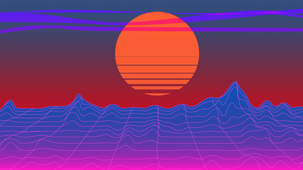 Obraz premium sun mountains horizon abstract background 80e style, bright vintage retro illustration