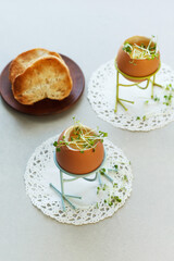Microgreens in soft-boiled egg with croutons.Breakfast concept.