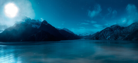 Fototapeta na wymiar Magical Night Scene with Full Moon in cloudy sky. Mountain Landscape