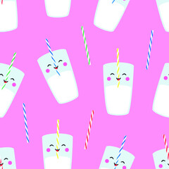 Vector seamless pattern with milk glasses in cartoon style