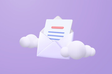 3d mail envelope icon with notification new message on blue sky cloud background. Minimal email letter with bubble unread icon. message concept 3d vector render isolated purple pastel background - obrazy, fototapety, plakaty