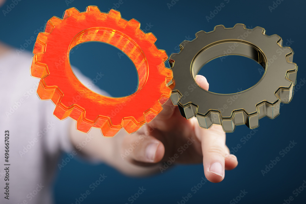 Poster Man draws gears on virtual screen. Blurred Abstract engine room..
