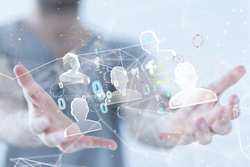 holding 3D rendering group of blue people