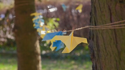 Blue and Yellow Origami Paper Peace Doves Decoration Hanging in Park as Sign of Support to Ukraine during War with Russia after Invasion
