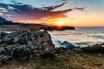 Cliffs at bufones of Pria in the Cantabrian Sea. View at sunset. Asturias, Spain