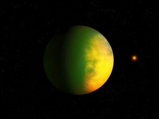 Far exoplanet from alien star system. Extrasolar planet, realistic Super-earth. Beautiful space background. 