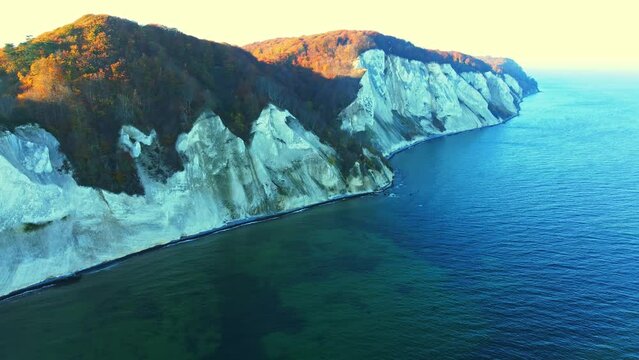 The White Cliffs of Denmark, also known as M&oslash;ns Klint. A Chalk stone cliff overlooking the Baltic sea. Aerial footage.