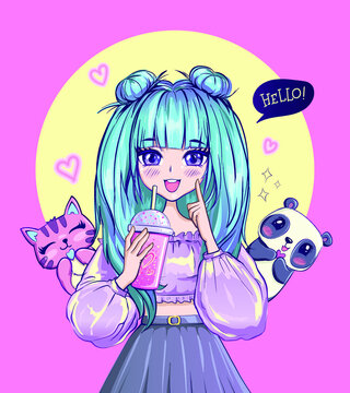 T shirt design anime girl with blue hairstyle, panda and cat friends. Fashionista poster. Asian fancy teenager with pets