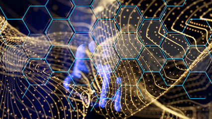 Global network. Blockchain. 3D illustration. Neural networks and artificial intelligence. Abstract