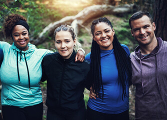 Some fresh air and great friends coming together to workout. Portrait of a group of sporty young...