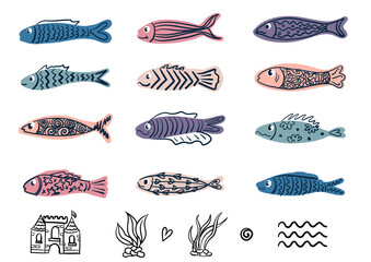Fishes hand drawn set in doodle style