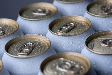 Group of silver aluminum beer cans,Cooling frozen and with water drops