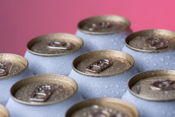 Group of silver aluminum beer cans,Cooling frozen and with water drops