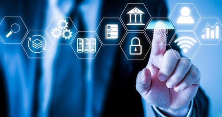 businessmen Fingerprint scanning and biometric authentication, processing of biometric for access personal data. surveillance and security scanning of digital programs cyber futuristic applications