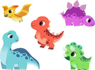 Vector illustration of dinosaurs. Cute design, Tyrannosaurus rex, Triceratops, Brachiosaurus, Stegosaurus, Pteranodon. © maru