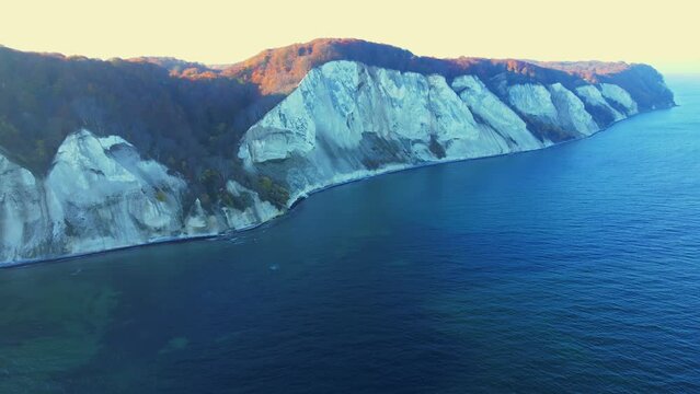 The White Cliffs of Denmark, also known as M&oslash;ns Klint. A Chalk stone cliff overlooking the Baltic sea. Aerial footage.
