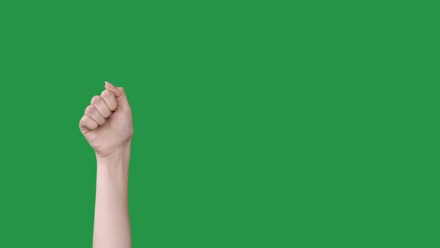 Knocking hand. Opportunity arrival. Let me in. Delivery service. Female visitor tapping with raised clenched fist isolated on green chroma key empty space background.