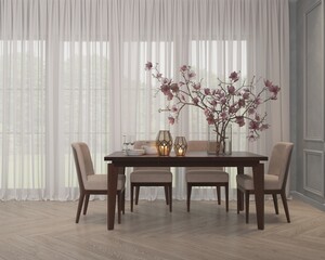 stylish living room with dining table, vase of flowers, walls with moldings, classic interior, window, 3d render