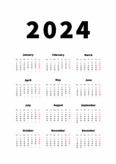 2024 year simple vertical calendar in english language, typographic calendar isolated on white