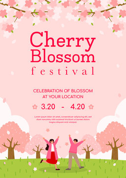 Fototapeta Cherry blossom festival poster invitation vector design. Blooming Sakura flower in the park with lover