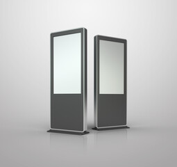 3D rendering mockup illustrations for kiosks, digital bunting and digital signage ads.
